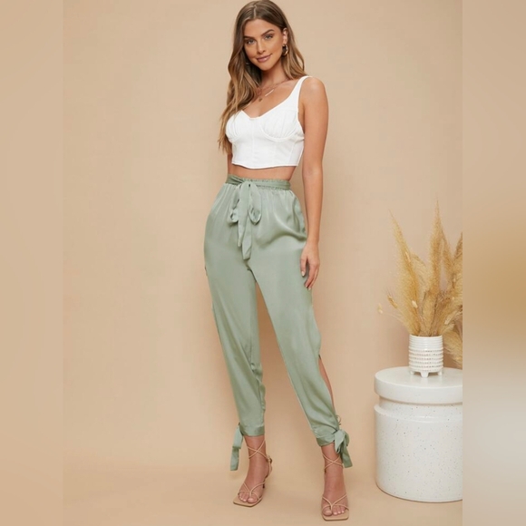SHEIN Sage Green Satin Knotted Side Belted Pants - Size XL 🌿 - Picture 6 of 12